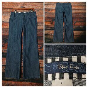 Blue Epic Jeans Size 8 Wide Leg Braided Pockets Dark Wash Denim Mid Rise